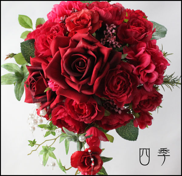 ブーケ 造花:ウェディングブーケ*（赤）薔薇4点セット*ブライダル 